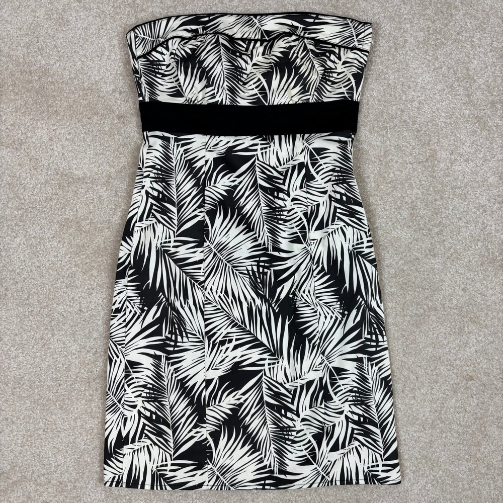H&M Womens Strapless Palm Leaf‎ Print Sheath Dress Black White Size 2 Sweetheart